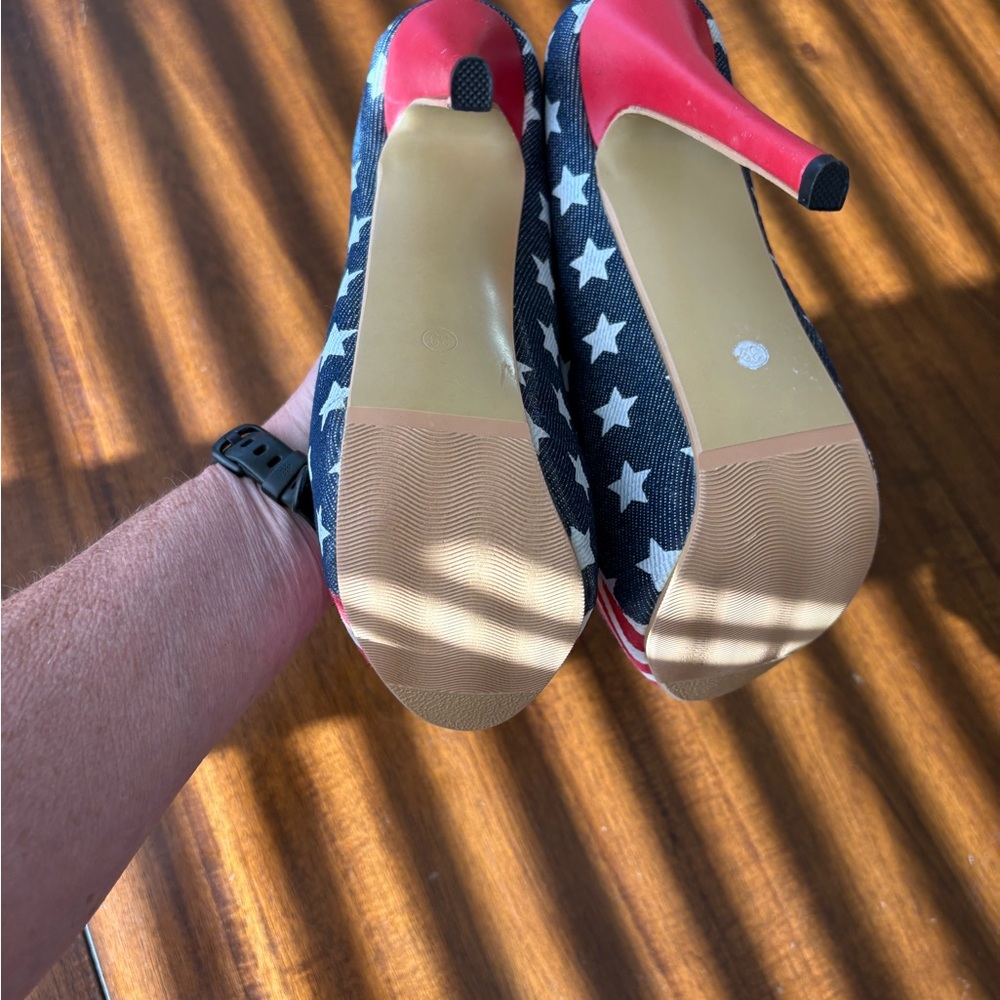 Patriotic Red White & Blue Flag Print Women's High Heels - Picture 2 of 4